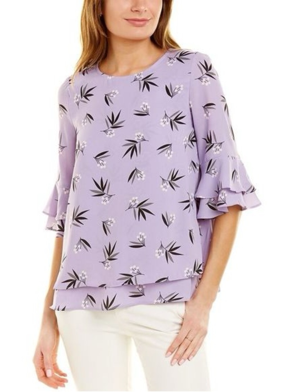 Anne Klein Lavender Floral Print Ruffle-Sleeve Blouse